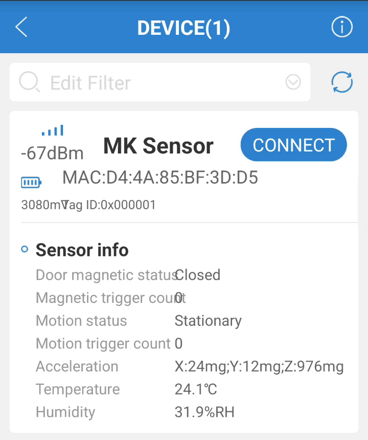 BeaconX Pro scan list: the Rinho Condition shows up as MK Sensor with its MAC and readings