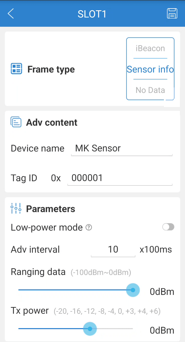Factory SLOT1: Sensor info, Ranging data 0 dBm, Tx power 0 dBm