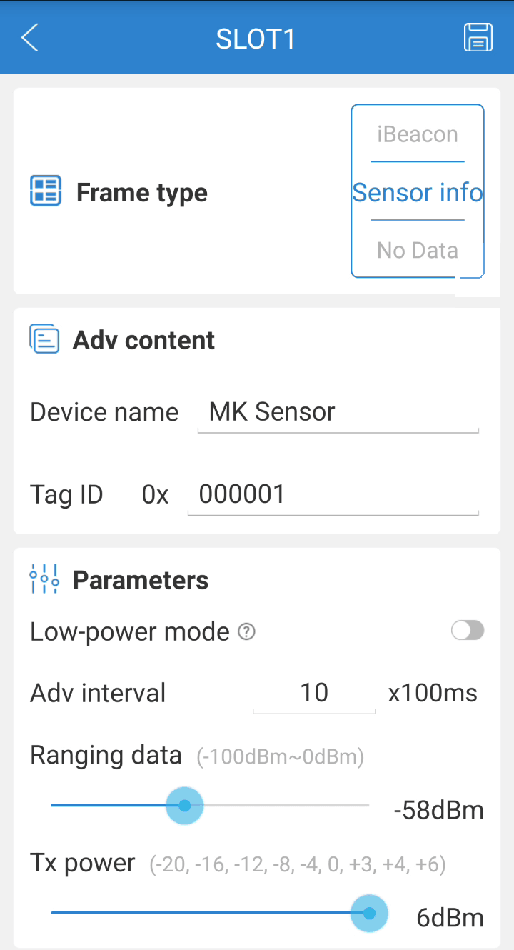 SLOT1 en BeaconX Pro: Sensor info, Tx power +6 dBm, Ranging data -58 dBm